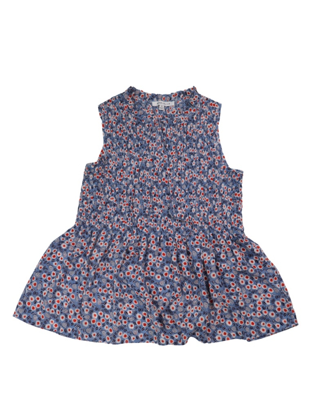 Rose + Olive Floral Smocked Peplum Sleeveless Blouse Blue Red M